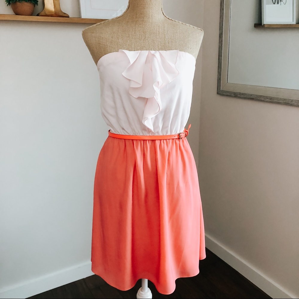 Pink & Coral Ruffle Trim Strapless Dress - Picture 2 of 13
